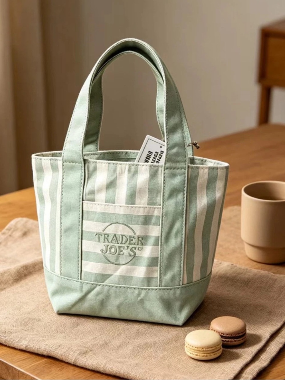 Trader Joe's Mini Pastel Stripe
Canvas Tote Bag Limited Edition 2026 in 
green